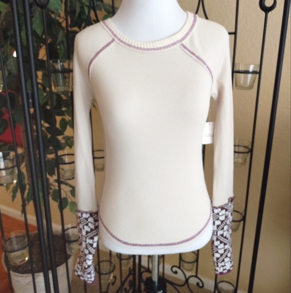Free Peopl Cream Waffleknit Long Sleeve Top with Patterned Cuffs NWT